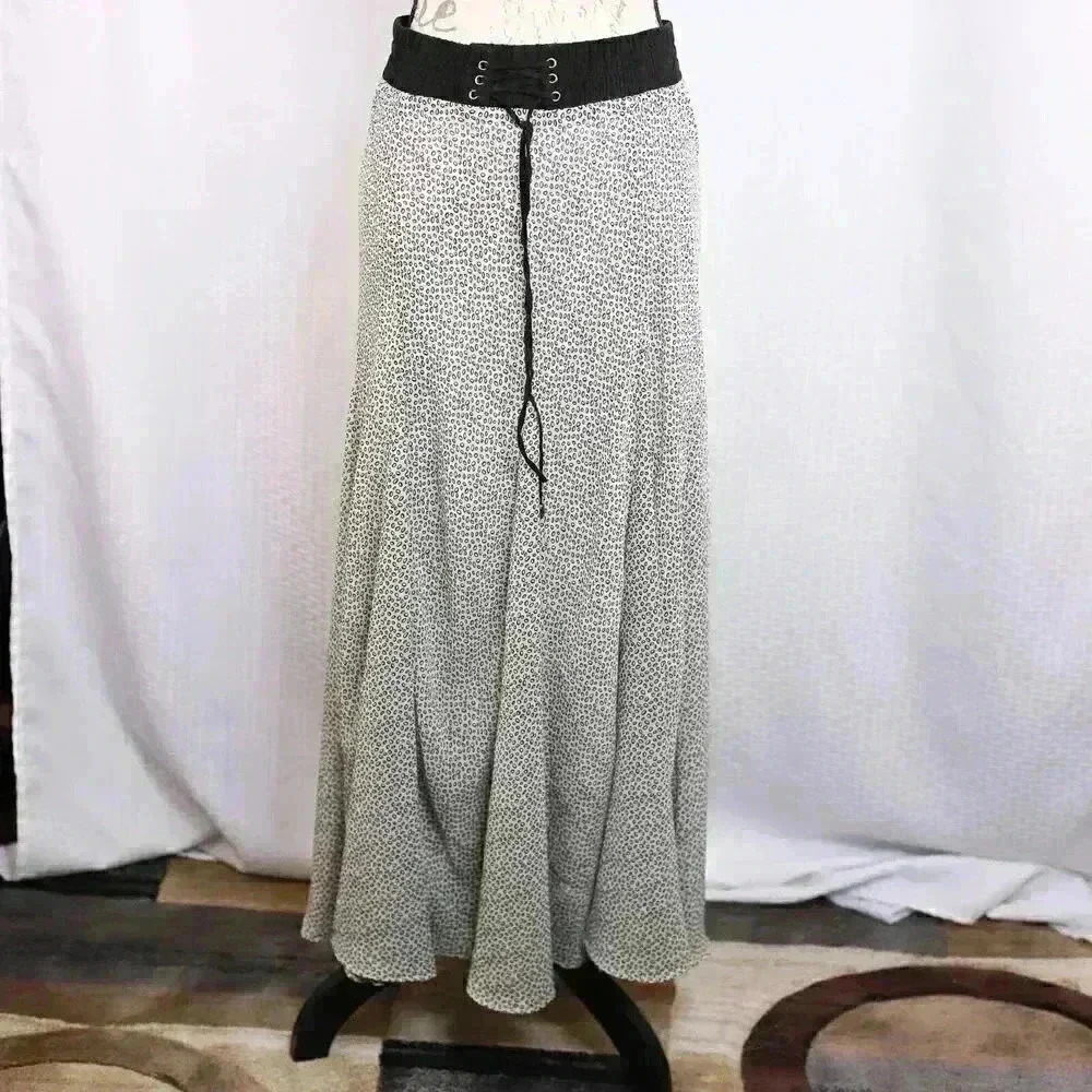 Lapis Size L Circle Print Black and White Pull On Elastic Drawstring Waist Maxi